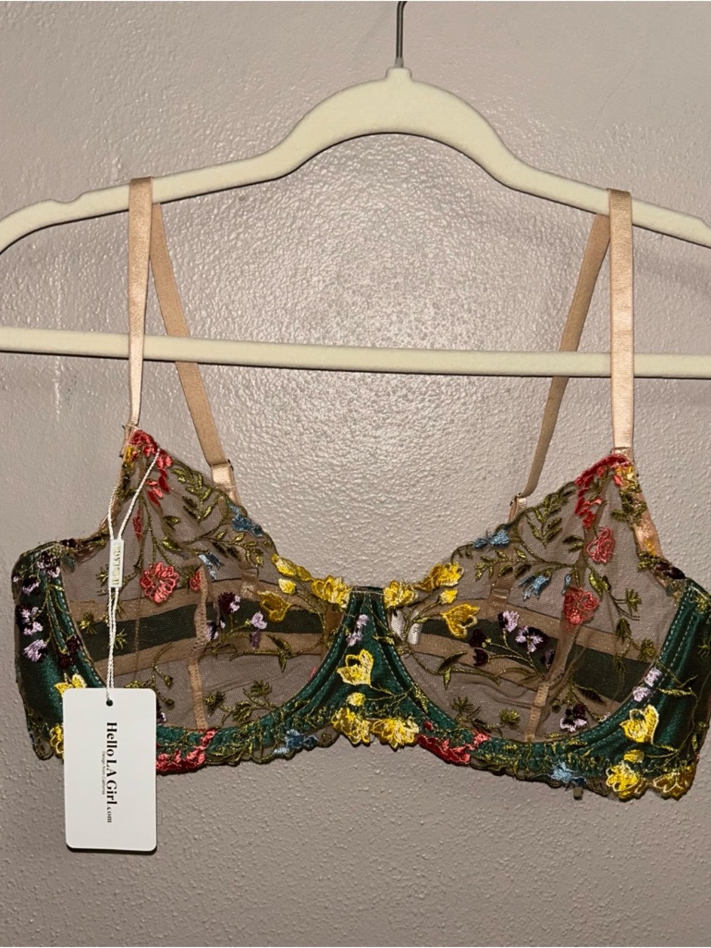 LA Girl Green Sheer Floral Embroidered Underwire Bra with Yellow Accents - Picture 2 of 5